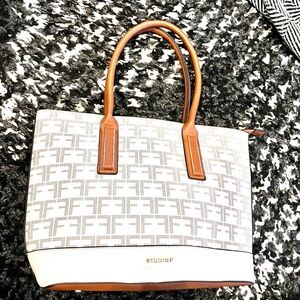 Studio F Cream Monogram Tote with Tan Handles and Trim